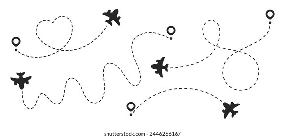 Simple airplane travel line path with map pins. Airplane dashed route path. Plane journey, romantic travel, business element, and plane routes vector illustration isolated on white background