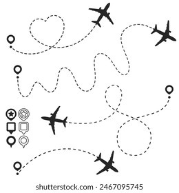 Simple airplane travel line path with map pins. Airplane dashed route path. Plane journey, romantic travel, business element, and plane routes vector illustration isolated on white background