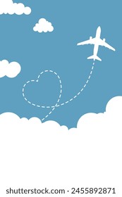 Simple airplane travel opens the background behind itself. Plane journey, romantic travel, tours, cruises, airport advertising, trip abroad on vacation, and plane routes vector illustration banner