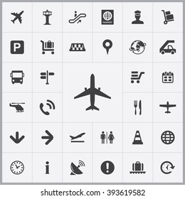 Simple airport icons set. Universal airport icons to use for web and mobile UI, set of basic UI airport elements