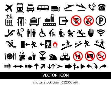 Simple airport icons set. Universal airport icons to use for web and mobile UI, set of basic UI airport elements