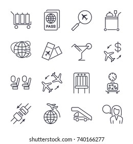 Simple airport icons set. Universal airport icons to use for web and mobile UI, set of basic UI airport elements: baggage, plane,tickets, airway, seat belts and other. Icon set with editable stroke