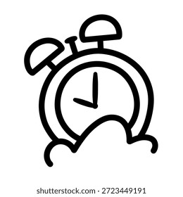 Icono de reloj de alarma simple con líneas negras gruesas sobre un fondo blanco. Representa la gestión del tiempo, los recordatorios, las notificaciones y la puntualidad.