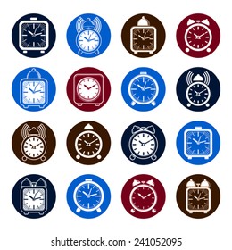 Simple alarm clocks with clock bell, decorative wake up icons collection. Graphic design elements, time idea. 