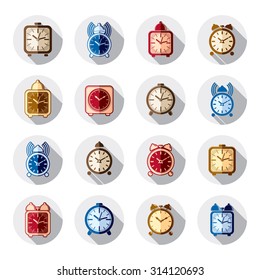 Simple alarm clocks with clock bell, decorative wake up icons collection. Graphic vector design elements, time idea. 