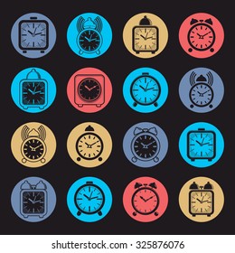 Simple alarm clocks with clock bell, vector wake up icons collection. Graphic design elements, time idea. 