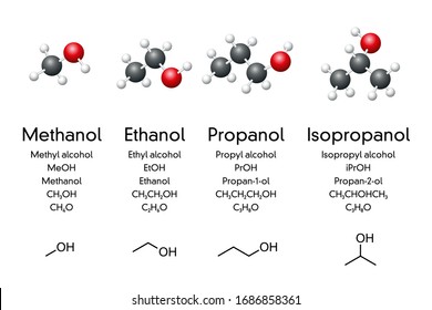 Simple alcoholic compounds, molecular models, chemical and skeletal formulas. Methanol, ethanol, propanol and isopropanol. Used as fuel, antiseptic, disinfectant, cleaning agent. Illustration. Vector.