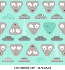 Simple aliens and UFO in vintage style, vector seamless pattern, eps-8