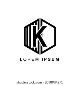 logotipo de alfabeto simple concepto en blanco y negro con combinación de hexágono, para la letra inicial de identidad empresarial K