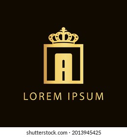 logotipo de alfabeto simple nobilidad diseño concepto dorado con cuadrado y corona, para la letra inicial de identidad empresarial a