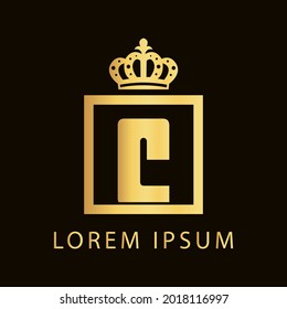 simple alphabet logo nobility design golden concept with square and crown, for initial business identity letter C