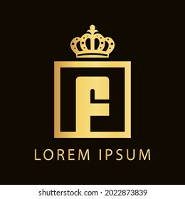 simple alphabet logo nobility design golden concept with square and crown, for initial business identity letter F