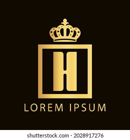 simple alphabet logo nobility design golden concept with square and crown, for initial business identity letter H