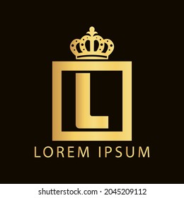 simple alphabet logo nobility design golden concept with square and crown, for initial business identity letter L