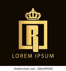 simple alphabet logo nobility design golden concept with square and crown, for initial business identity letter R