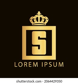 simple alphabet logo nobility design golden concept with square and crown, for initial business identity letter S