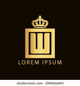 logotipo de alfabeto simple nobilidad diseño concepto dorado con cuadrado y corona, para la letra inicial de identidad empresarial W