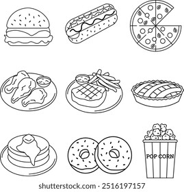 Simple American food line drawing illustration set