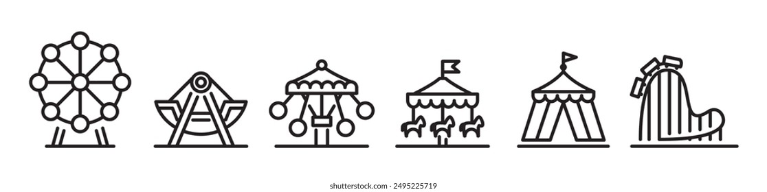 Simple Amusement park icon set. Amusement park line icon. Fun recreation attraction sign, ferris wheel, carnival carousel, circus, horizon train roller coaster, festival fun tent, transparent, Eps10