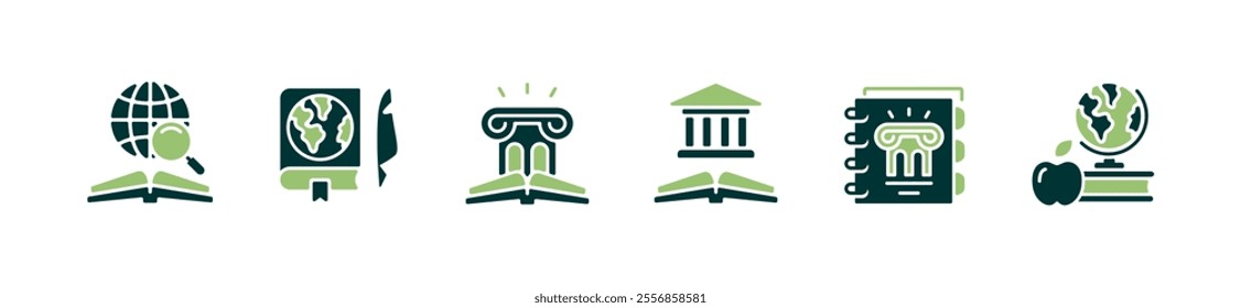 simple ancient building earth history book icon set geography planet research journal learning signs vector illustration for web and app