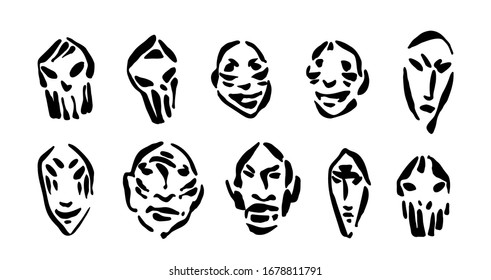 Simple ancient stone masks collection. Hand drawn human and alien face prints graphic vector illustration, black isolated on white background painted by ink. 