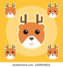 Simple animal design with cute round face, white and orange color baby deer head with eyes and ears. various expressions horns Cervidae, produce meat, wild, be the target of human for hunt