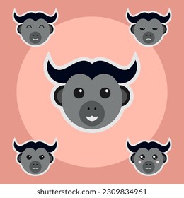 Simple animal design with cute round face, grey and black color baby buffalo head with eyes and ears. various expressions horns Bubalus bubalis, produce meat, milk, help farmer plow rice