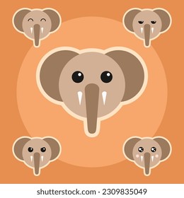 Simple diseño vectorial animal con cara redonda linda, cabeza de elefante bebé de color marrón con ojos y orejas grandes. Elefantidae silvestre, tener un marfil de colmillo, hocico de proboscito del tronco, producir estiércol para fertilizante