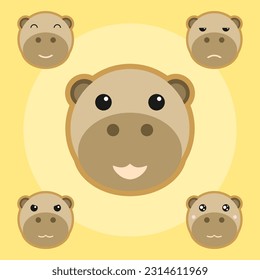 Simple animal design with cute round face, light dark brown gray color fun baby hippo hippopotamus head with eyes and ears. Various expressions amphibius. body watery, wet, soak in water, river, lake