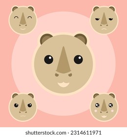 Simple animal design with cute round face, light dark brown gray color fun baby rhino rhinoceros head with eyes and ears. Various expressions Rhinocerotidae unicornis, hard body, have horn one or two