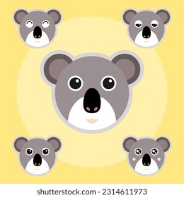 Simple animal design with cute round face, light dark black gray white color sleep fun baby koala head with eyes and ears. Various expressions Phascolarctos cinereus, has a pouch marsupial, australia