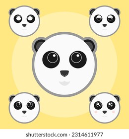 Simple animal design with cute round face, white black gray color baby fun giant panda head with eyes and ears. Various expressions Ailuropoda melanoleuca, eat bamboo, has dark circle, little tail