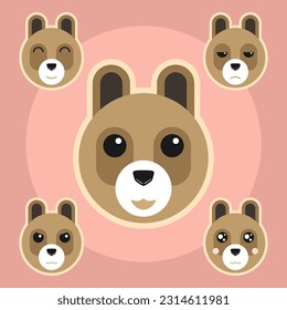Simple animal design with cute round face, brown black white gray color fun baby giant big grizzly bear head with eyes and ears. Various expressions Ursidae Ursus arctos horribilis, eat nut fish fruit