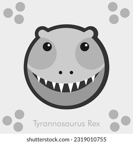 Simple animal design with cute round face, gray grey color baby Tyrannosaurus t rex t-rex dino dinosaur head with eyes and ears. Various expressions, lived in ancient times before the ice age, extinct