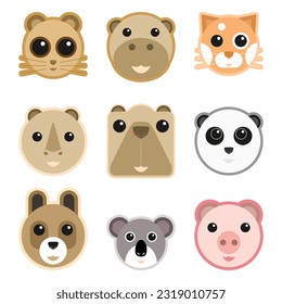Simple animal design with cute round face, color baby mouse lemurs hippo hippopotamus cat kitten kitty rhino camel panda bear koala pig head with eyes and ears. Various expressions pet or wildlife