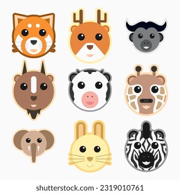 Simple animal design with cute round face, color baby pooch dog red panda deer buffalo goat cow giraffe elephant rabbit bunny zebra horse head with eyes and ears. Various expressions pet or wildlife