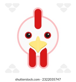 Simple animal design with cute round face, red white color fun baby chick chickling poult chicken head with eyes and ears. Various expressions, have bird beak comb cockscomb crest wattle spur spurs