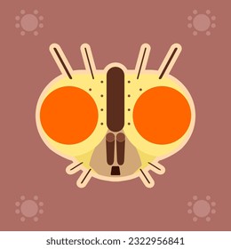 Simple animal design with cute round face, brown beige orange color fun baby fly flies head with big eyes and ears. Various expressions Diptera, like smelly, dirty, rotten things, garbage old food 