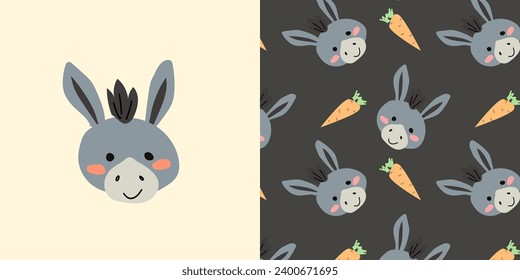 simple animal donkey and pattern with baby animal and carrot. Cute portrait of domestic grey animal and pattern with carrot and donkey. Childish dark pattern can used for nursery print, textile.