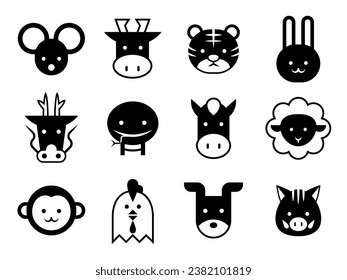 Juego simple de iconos de cara animal (zodiaco chino)