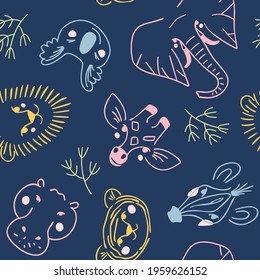 Simple animal portraits on a dark background. Koala, lion, elephant, giraffe, tiger, zebra. Colorful drawings for the design of children's fabric. Flat vector illustration.