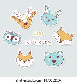 Simple animal portraits stickers -  bear, squirrel, hare, fox, owl, deer. Simple drawings for the design of children's products. Flat Vector illustration.