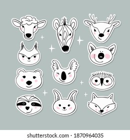 Simple animal portraits stickers - sloth, koala, pig, sheep, zebra, bear, squirrel, hare, fox, owl, deer. Simple drawings for the design of children's products. Flat Vector illustration.
