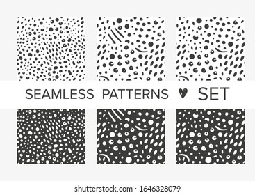 Simple animalistic abstract seamless patterns with spots and dots. Background for decoration, wrapping paper, wallpaper, cards and greetings. Minimalistic wild style two colors