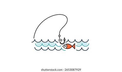 A simple animated line drawing of a fish being caught on a fishing hook in the water