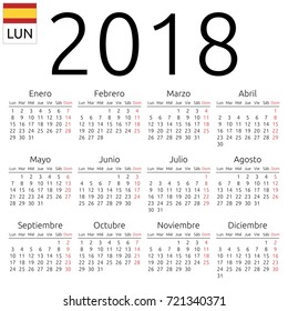 Simple annual 2018 year wall calendar. Spanish language. Week starts on Monday. Sunday highlighted. No holidays highlighted. EPS 8 vector illustration, no transparency, no gradients