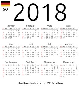 Simple annual 2018 year wall calendar. German language. Week starts on Sunday. Sunday highlighted. No holidays highlighted. EPS 8 vector illustration, no transparency, no gradients