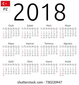 Simple annual 2018 year wall calendar. Turkish language. Week starts on Sunday. Sunday highlighted. No holidays highlighted. EPS 8 vector illustration, no transparency, no gradients