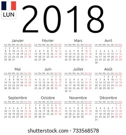 Simple annual 2018 year wall calendar. French language. Week starts on Monday. Saturday and Sunday highlighted. No holidays highlighted. EPS 8 vector illustration, no transparency, no gradients