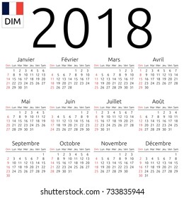 Simple annual 2018 year wall calendar. French language. Week starts on Sunday, Canada. Sunday highlighted. No holidays highlighted. EPS 8 vector illustration, no transparency, no gradients
